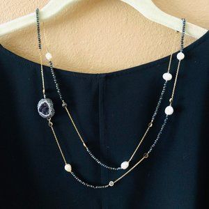 Amethyst geode, pearl and black spinel necklace